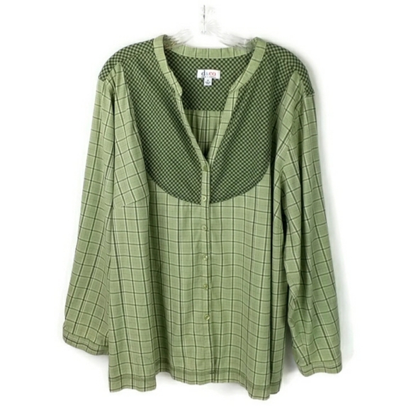 Denim & Co Green Multiprint Long Sleeve Button Front Blouse Womens Plus 3X - Picture 1 of 11